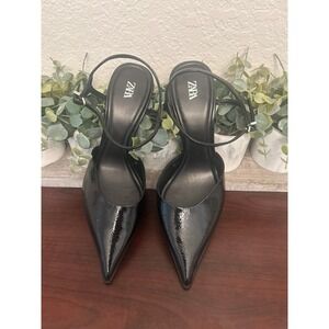 Zara Slingback Ankle Strap Heels in black patent size 9.5 with 4" heel